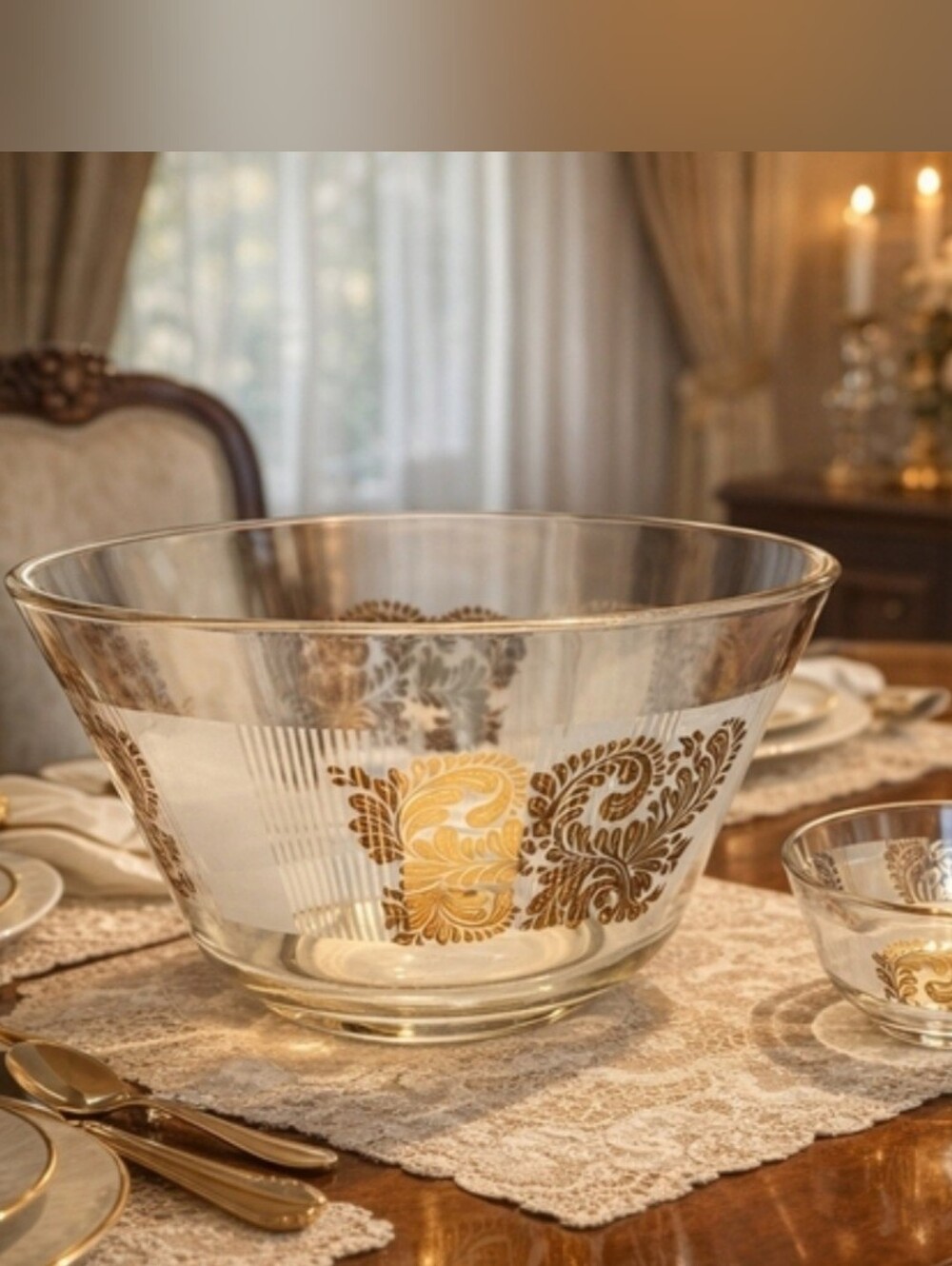 Vintage MCM Georges Briard Large Glass Serving Bowl & Small Bowl Gold Chip & Dip